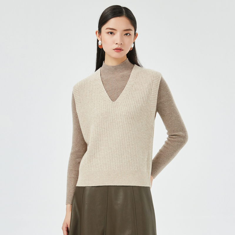 恒源祥纯羊毛针织背心女秋季新款复古竖坑条V领纯色无袖套头马甲