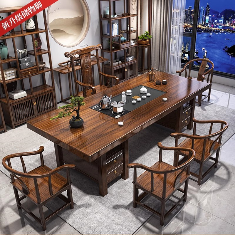 迅迈 1800*800*730mm四抽屉款1.8米湿泡桌+1豪华椅4围椅 桌面内嵌石茶盘大板实木原木茶桌椅组合新中式茶几