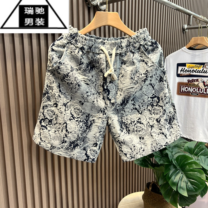 希杰狮王欧货高端设计感花卉牛仔短裤男时尚百搭宽松青花瓷五分裤休闲裤子