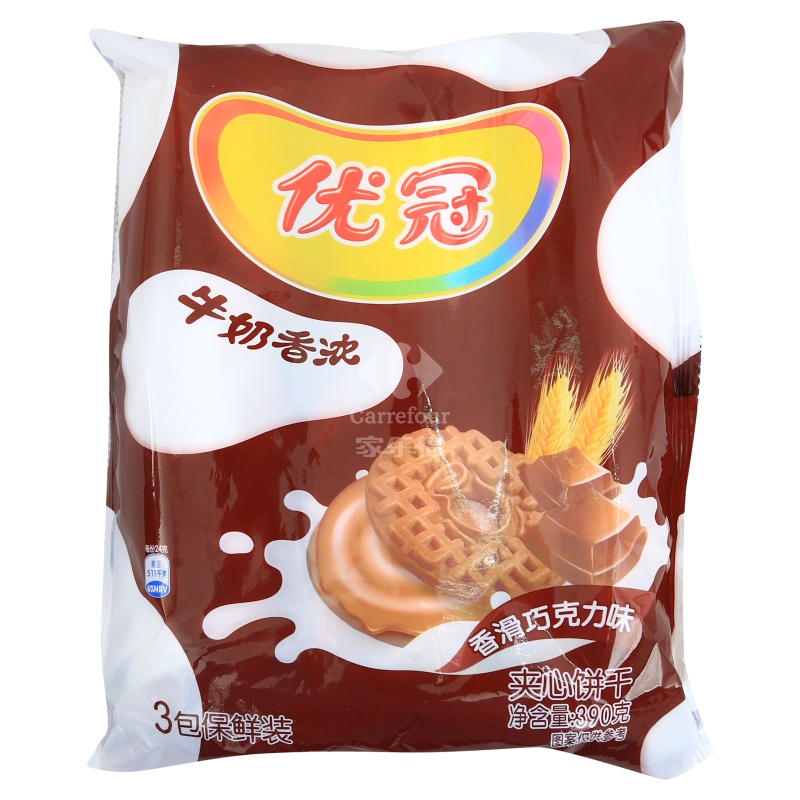 优冠牛奶特浓夹心饼干香滑巧克力味390g袋