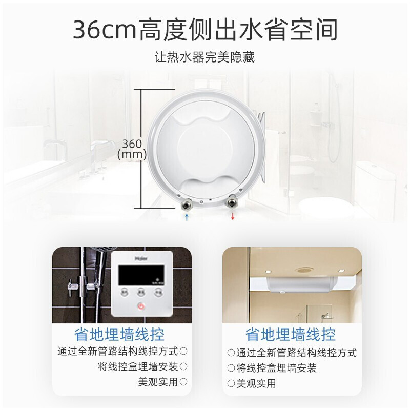海尔(Haier)电热水器50升线控式隐藏安装吊顶隐藏式2000W速热右出水延时预约中温保温ES50H-L5(ET)