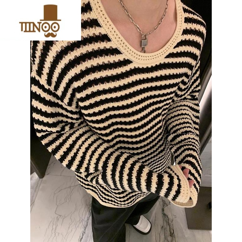 YANXU秋季复古钩花条纹镂空针织毛衫长袖男设计感慵懒风休闲打底衫上衣高清大图