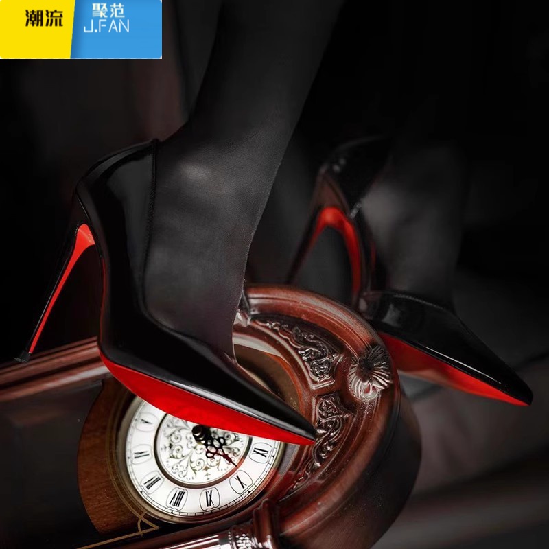 聚范高跟鞋性感床上单鞋女细跟2024年新款高级感黑色调情侧空红底凉鞋高清大图