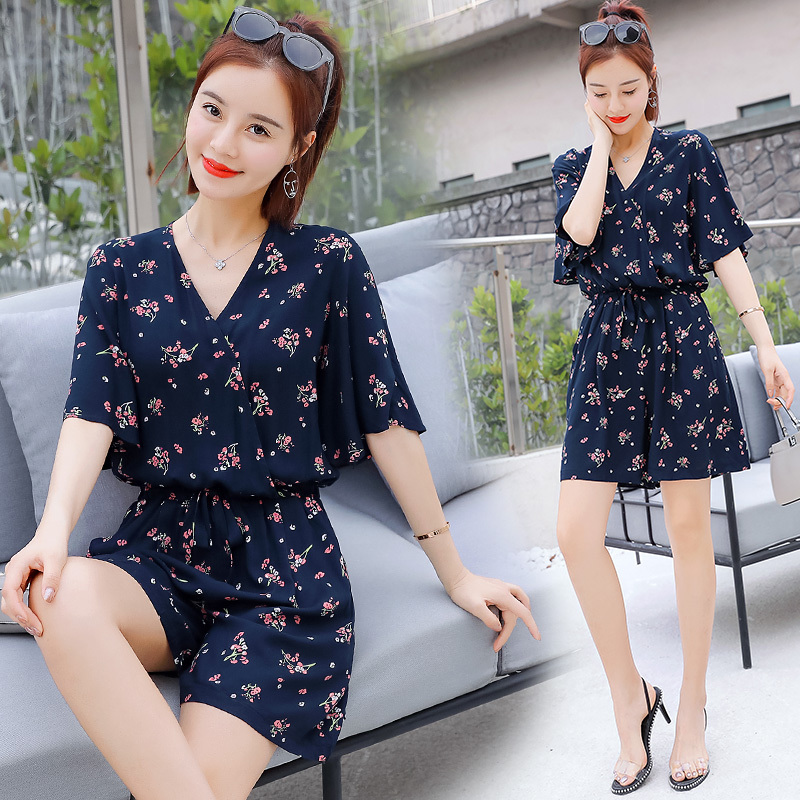 女士夏款时尚收腰松紧系带连体裤套装碎花连体短裤女短袖连体裤潮