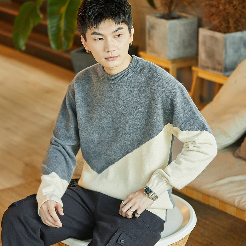 唐狮毛衣针织衫男式毛衣男男士毛衣时尚拼色毛线衫