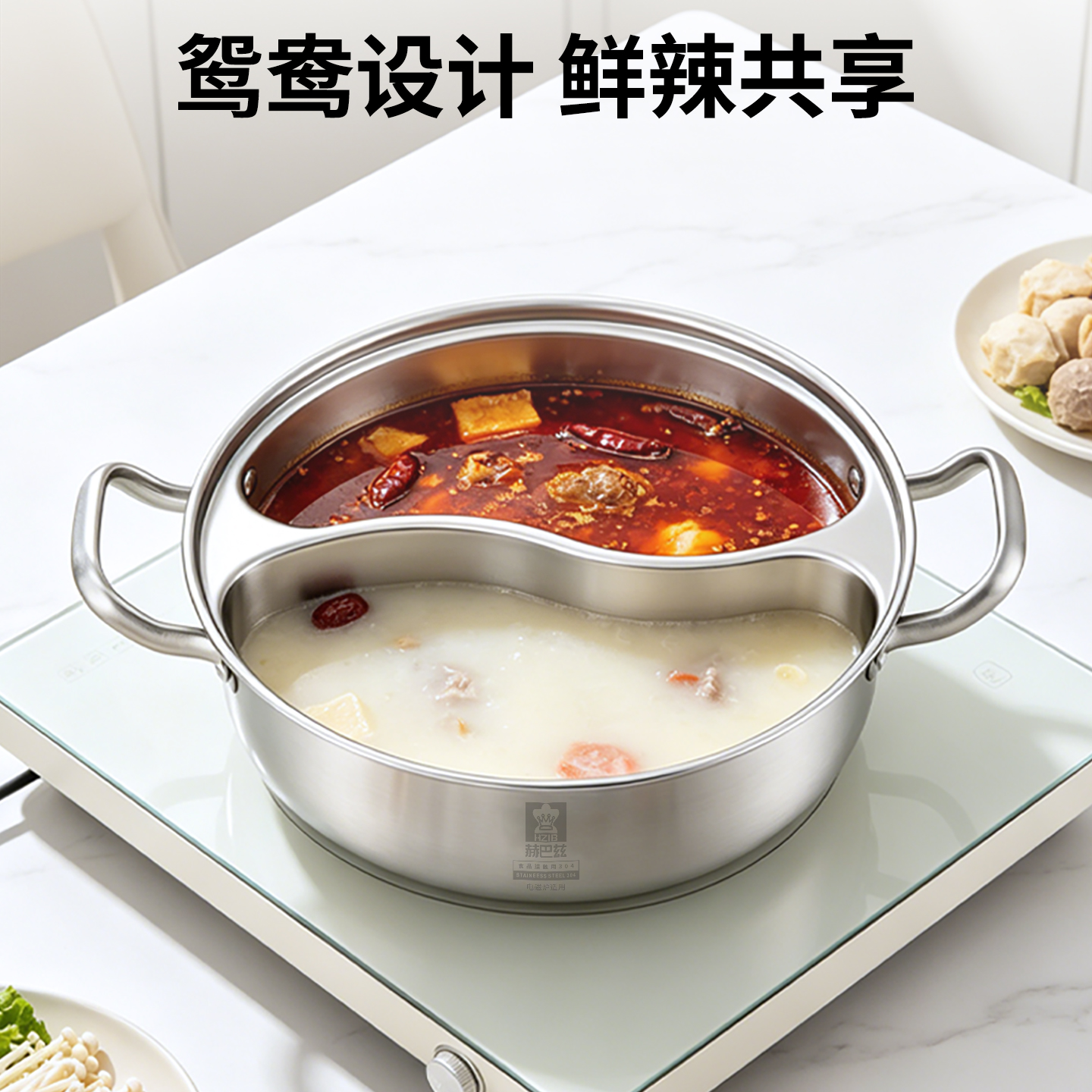赫巴兹 304不锈钢加厚30CM鸳鸯锅火锅家用电磁炉专用锅具大容量高清大图