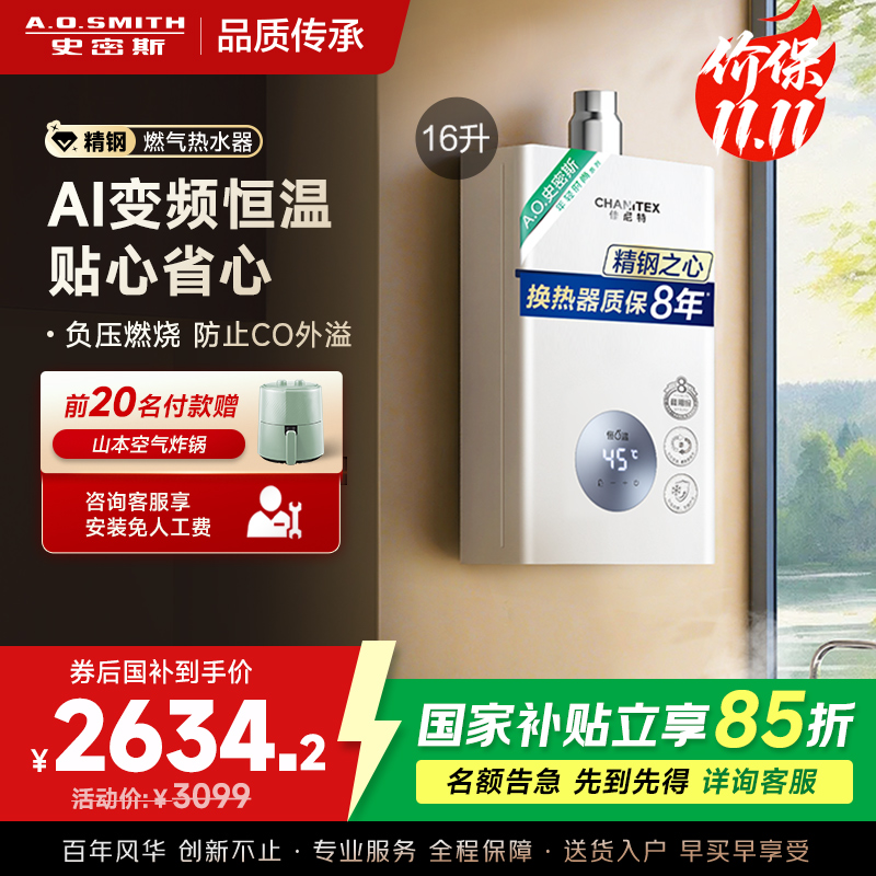 AO史密斯16升燃气热水器佳尼特 不锈钢换热器8年包换 恒温大水量 抗风防冻 JSQ31-TC1