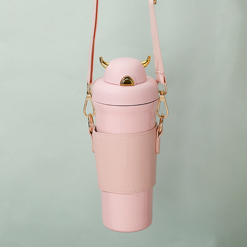 樱花粉小恶魔保温杯可爱女士高颜值不锈钢女学生杯子带吸管便携简约