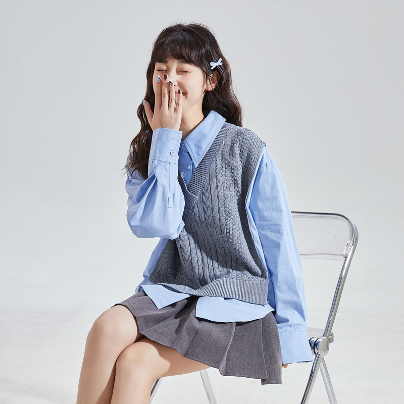 [2.5折价157元]唐狮秋冬新款拼接长袖衬衫女假毛衣马甲学院风叠穿衬衣