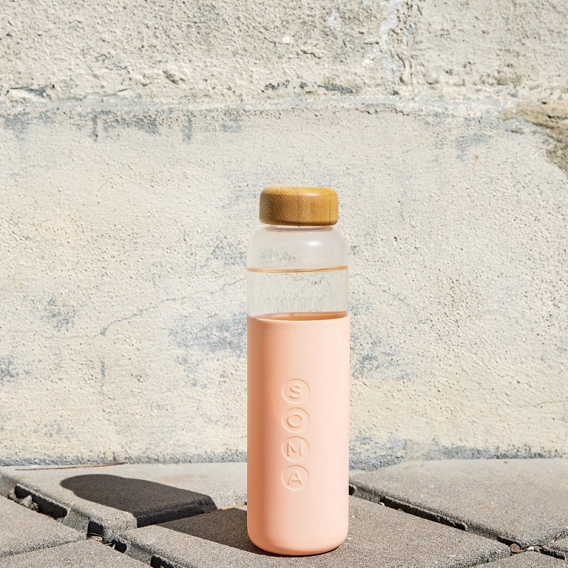 美国SOMA V2 透明玻璃水杯500ml 纯色简约设计硅胶外套便携运动时尚随行杯运动创意潮流-浅粉色