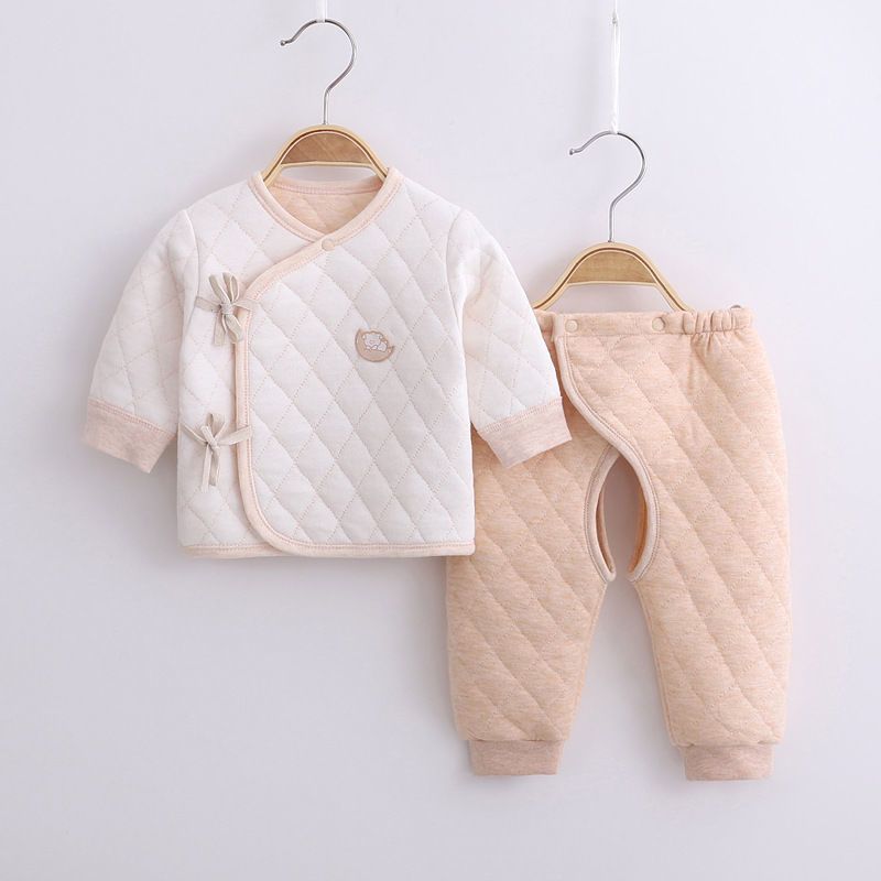 新生婴儿衣服秋冬内衣打底分体初生0纯棉3月秋衣保暖宝宝和尚套装 菱形格保暖黄色开档 夹棉 59 建议1-3个月