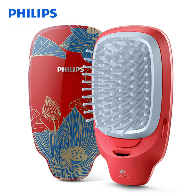 飞利浦(Philips) 负离子梳 按摩梳造型美发梳呵护头发防静电梳子 卷直两用粗硬细软发质HP4722/35中国风红色