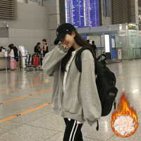 加绒卫衣连帽女秋冬季新款拉链开衫外套韩版宽松上衣 XL 灰色加绒款