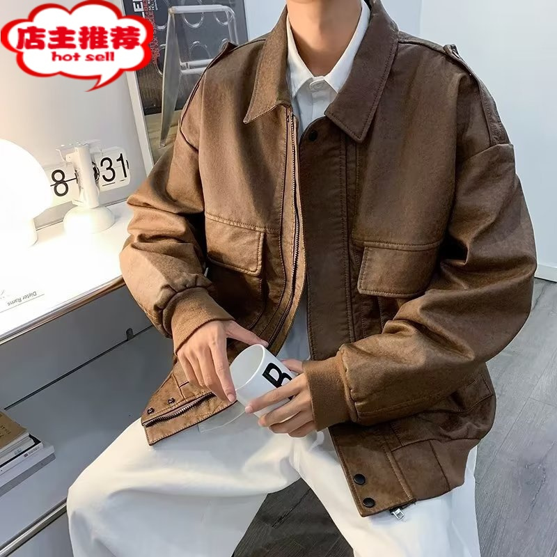 shanchao美式复古机车棕色皮衣外套男潮ins飞行员棒球服夹克摩托车