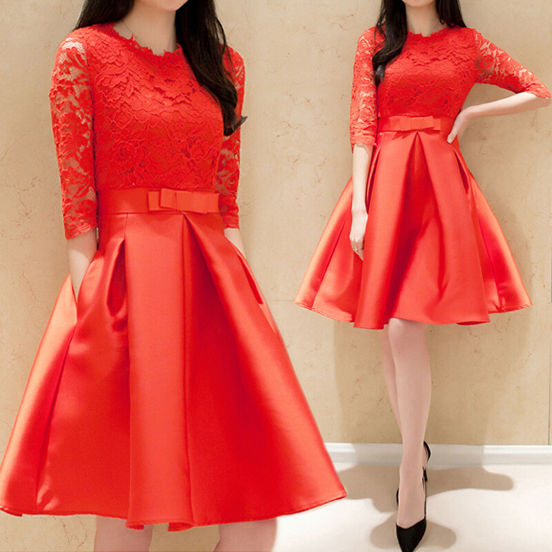 新款潮大码女装红色蕾丝高腰显瘦蓬蓬连衣裙结婚敬酒礼服