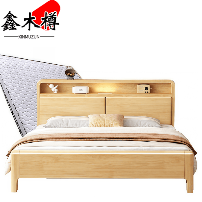 鑫木樽床1.2m原木色+床垫套高清大图