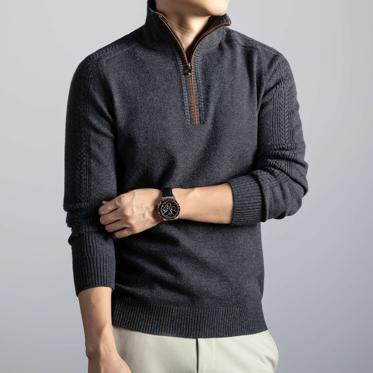 半拉链提花毛衣男加厚550克2025秋冬季新款半高领打底男士羊毛衫