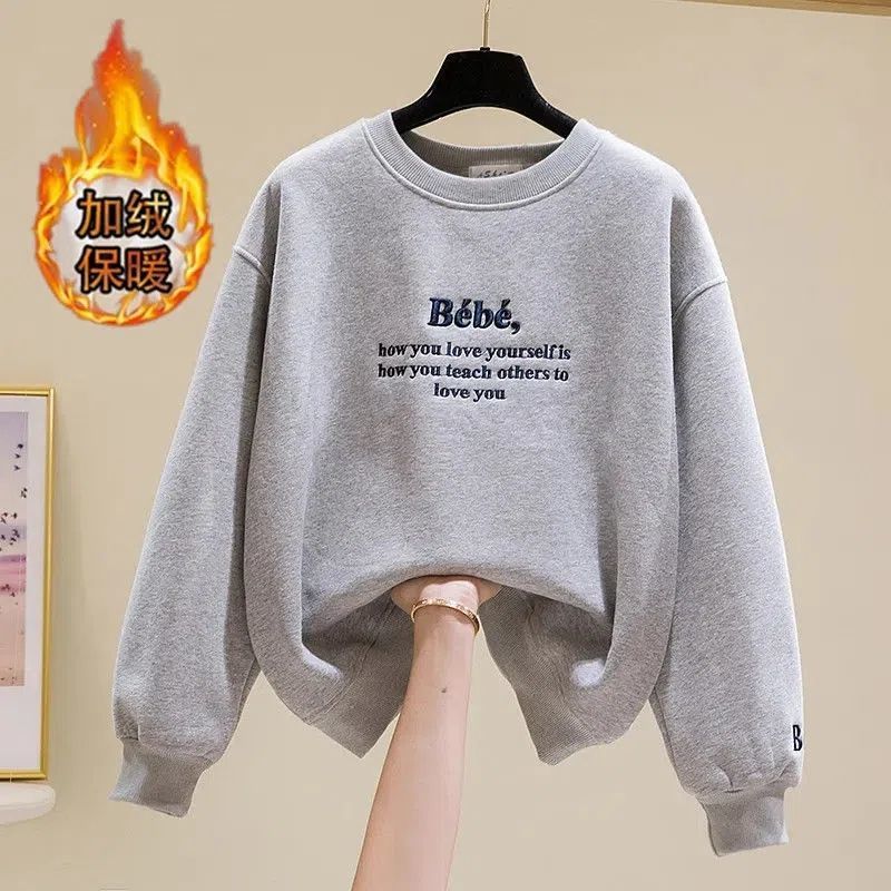 卫衣女秋冬季2023新款韩版学生宽松刺绣加绒加厚无帽长袖上衣外套 M建议95-110斤 灰色【加绒加厚】