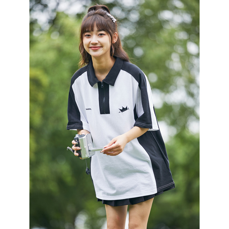 [2.5折价74元]唐狮夏季女袖子拼接撞色短袖polo衫显瘦百搭韩系休闲潮流
