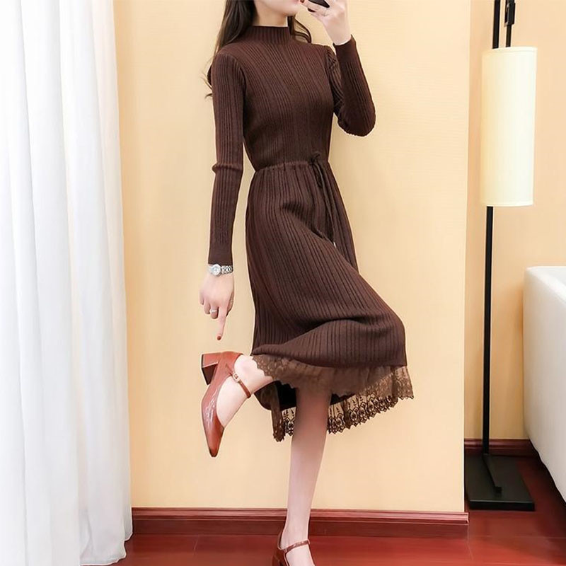 长款毛衣裙过膝2019新款女装半高领蕾丝拼接系带针织连衣裙