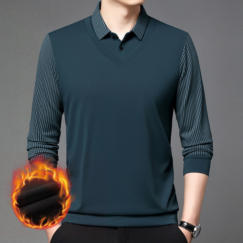 啄木鸟假两件长袖t恤男士秋冬新款加绒衬衫领上衣休闲打底衫男款高清大图