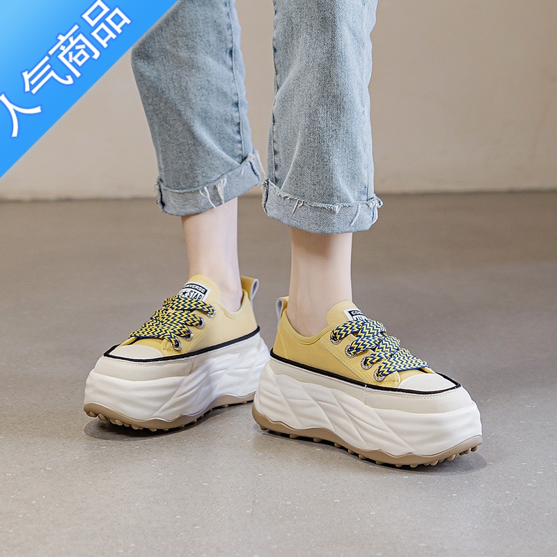 SUNTEK厚底小白鞋女2023夏季新款帆布ins潮百搭松糕鞋休闲运动板鞋高清大图