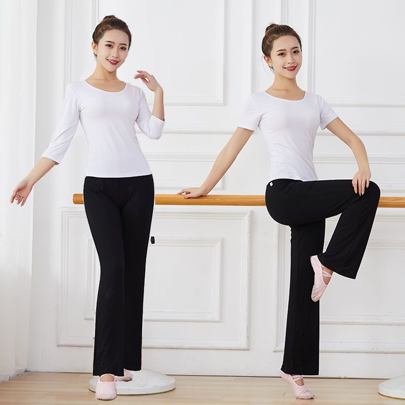 舞蹈练功服套装女成人现代舞黑色艺校学生修身形体上衣圆领跳舞衣长袖