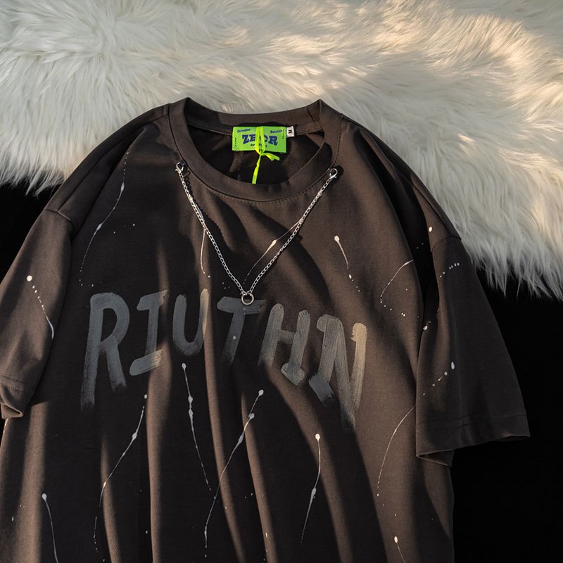 WOOG2005美式复古重磅短袖T恤男设计感西海岸泼墨拉链黑色半截袖