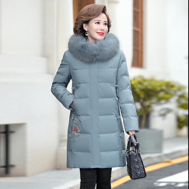 免费试穿大品牌羽绒服女中长款2021年新款狐狸毛领亮面加厚白鸭绒外套2021年新款羽绒服 4XL适合130-145斤 901雾霾蓝送真毛领