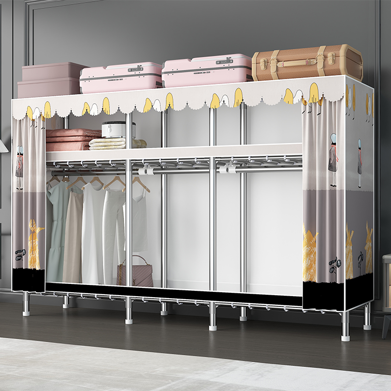 家时光铁接头简易布衣柜全钢架结构牛津布拉链款防尘式钢管加粗加固加厚高清大图