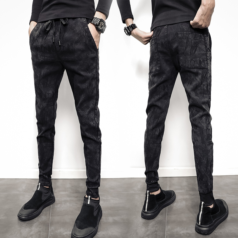 yuansu秋季新款纯色潮流韩版修身小脚裤社会精神小伙束脚裤加厚牛仔裤