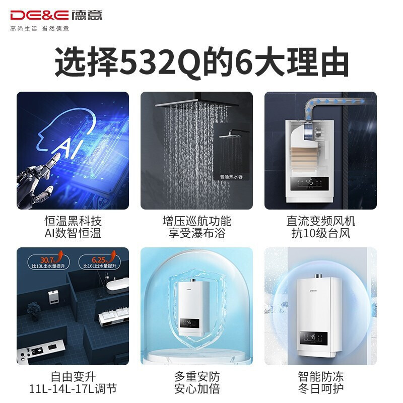 德意(DE&E)新品17升增压零冷水燃气热水器天然气 AI智能恒温 安全防护JSQ32-532Q(T)