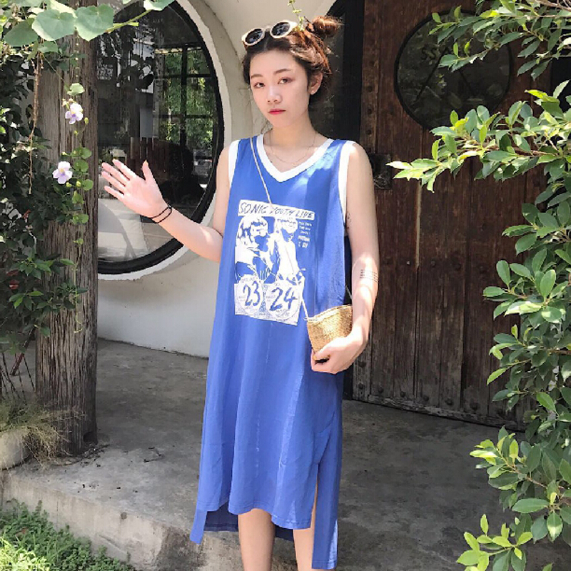 春夏女装韩版小清新印花中长款宽松无袖运动风打底衫带背心上衣白色均码