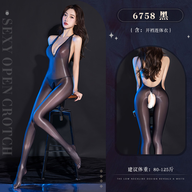 霏慕性感情趣内衣深V薄透油亮开裆连体衣免脱黑丝女式情趣睡衣6758 套装7955 均码