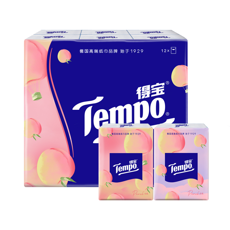 Tempo得宝甜心桃味迷你手帕纸7片12包纸巾 4层加厚外出迷你便携小包装有香卫生纸餐巾纸(新旧包装交替发货)