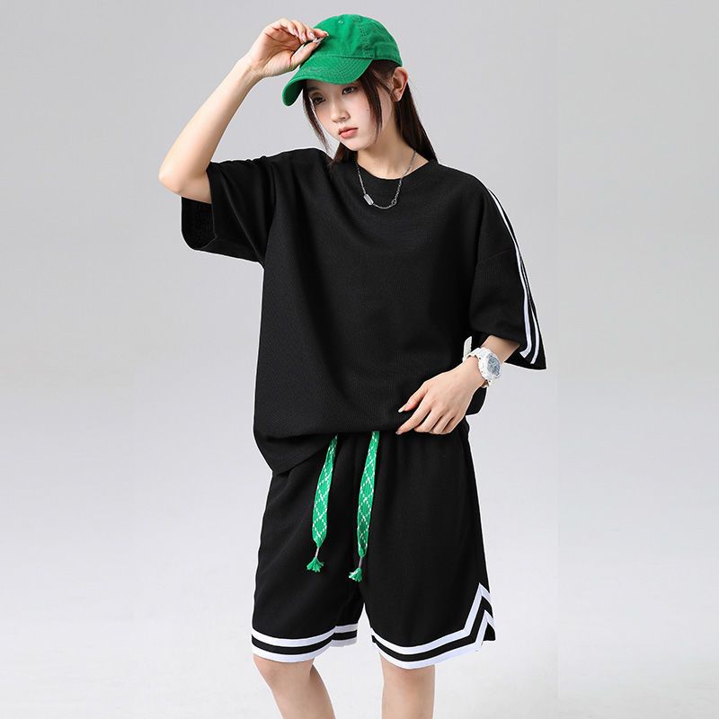 真维斯华夫格运动套装女新款夏季薄款潮牌休闲短袖短裤情侣两件套