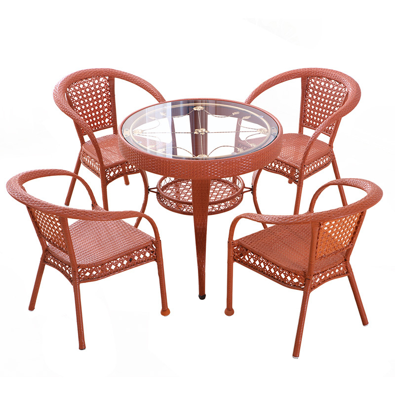 藤椅茶桌简约钢化玻璃小圆桌家用阳台小茶几圆形休闲喝茶闪电客桌椅