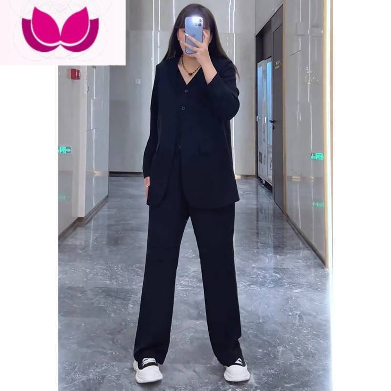 七斓大码女装胖mm盐系炸街假西装外套+阔腿长裤女秋显瘦遮肉套装