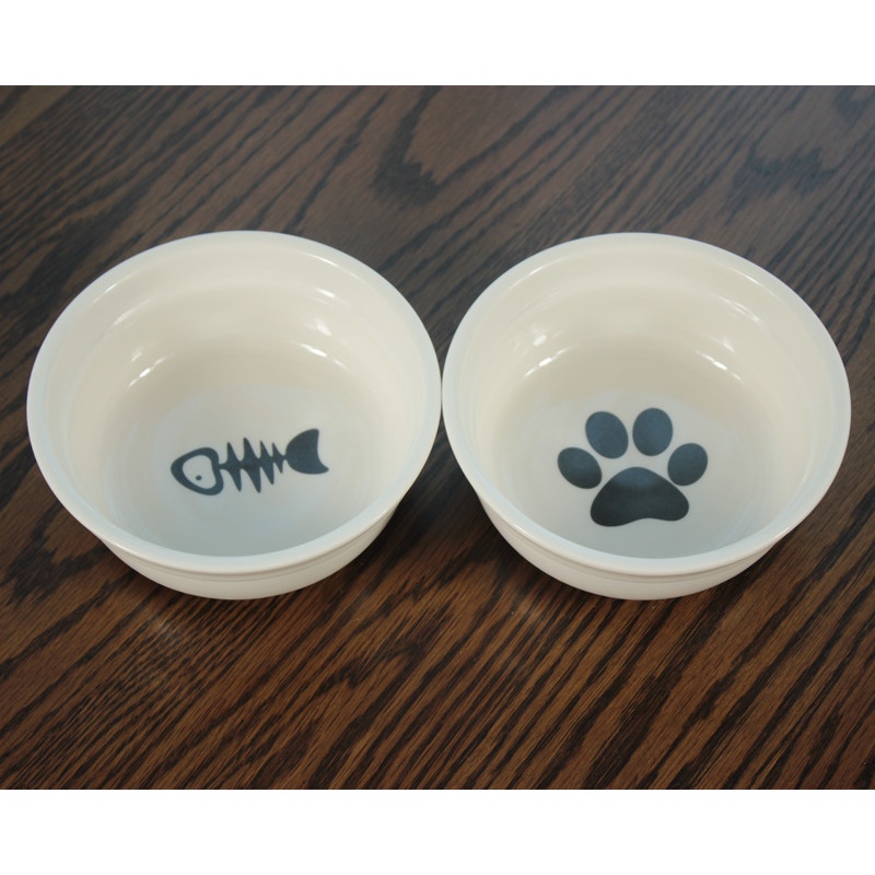 宠物餐桌 卡通陶瓷碗双碗 碗和铁丝碗架可分离 猫碗狗碗食碗盆 脚印单碗+鱼骨头单碗 均码，适合小型犬和猫咪