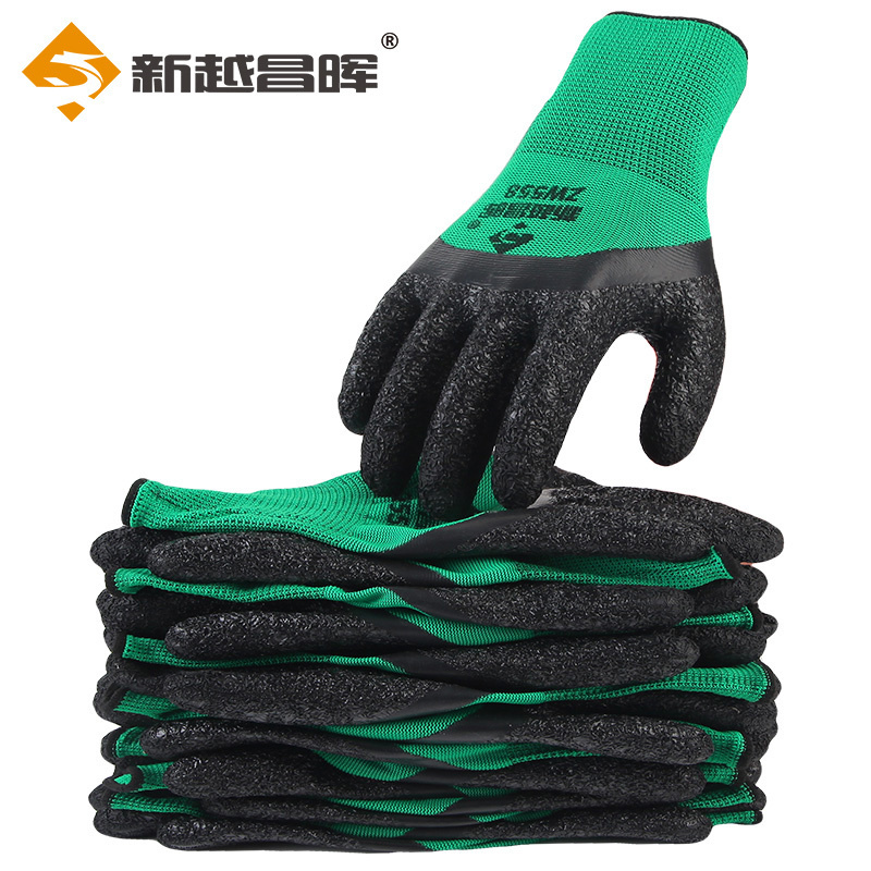 新越昌晖浸胶皱纹手套 涂掌涂层乳胶手套 劳保手套 防滑耐磨透气工地工作劳动干活手套防护蓝黑色 60副/均码 L518