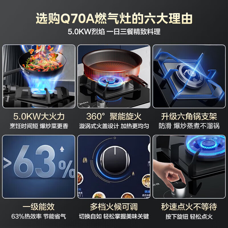 美的(Midea)燃气灶双灶家用5.0KW大火力黑晶面板合金火盖 密簇火台嵌两用双灶 六脚锅支架 液化气灶Q70A