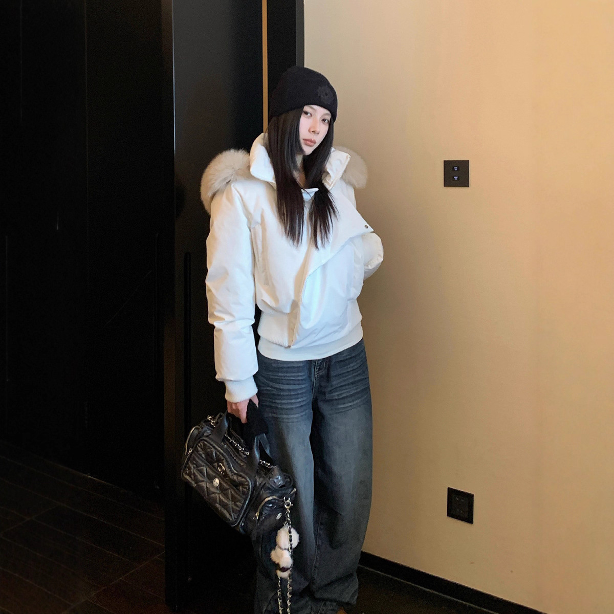 冰岛时分狐狸毛领白色短款羽绒服女冬季加厚连帽时尚外套网红同款