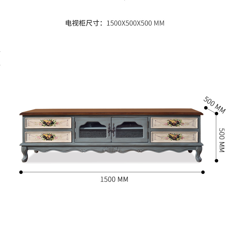 美式实木彩绘电视柜茶几组合客厅成套家具套装组合小户型全屋全套 组装_1.5M电视柜_框架结构