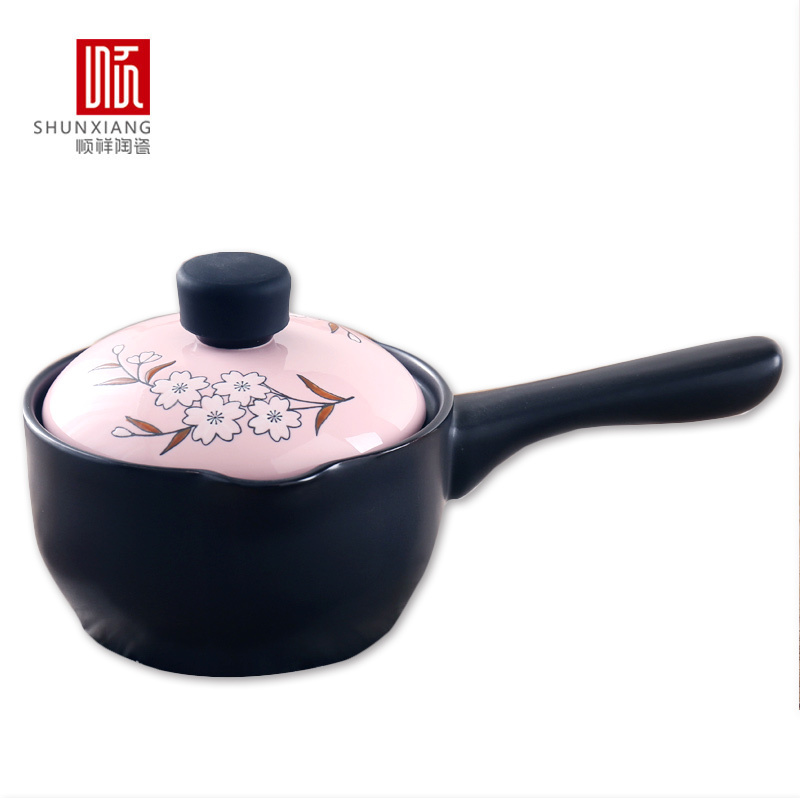 顺祥陶瓷1.6L单柄奶锅(樱花-粉)煲手绘樱花美观耐用陶瓷砂锅煲汤锅炖汤煎药煮粥宝宝辅食燃气明火电陶炉使用 苏宁自营