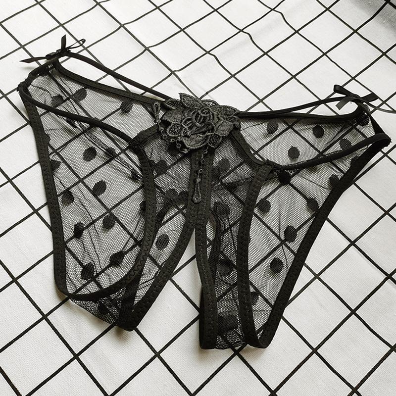 情趣内衣内裤开档蕾丝骚字裤女超火辣内裤女免脱开叉网纱丁字裤黑色