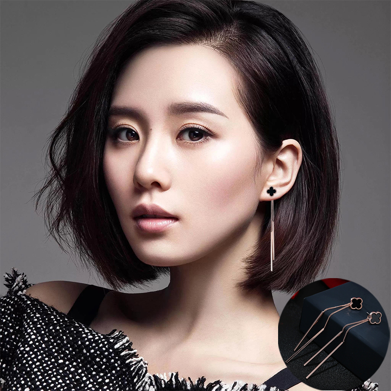 四叶纯银耳钉女韩国气质长款流苏耳环时尚个性百搭简约耳坠耳线送女朋友老婆生日礼物送女朋友七夕情人节礼物