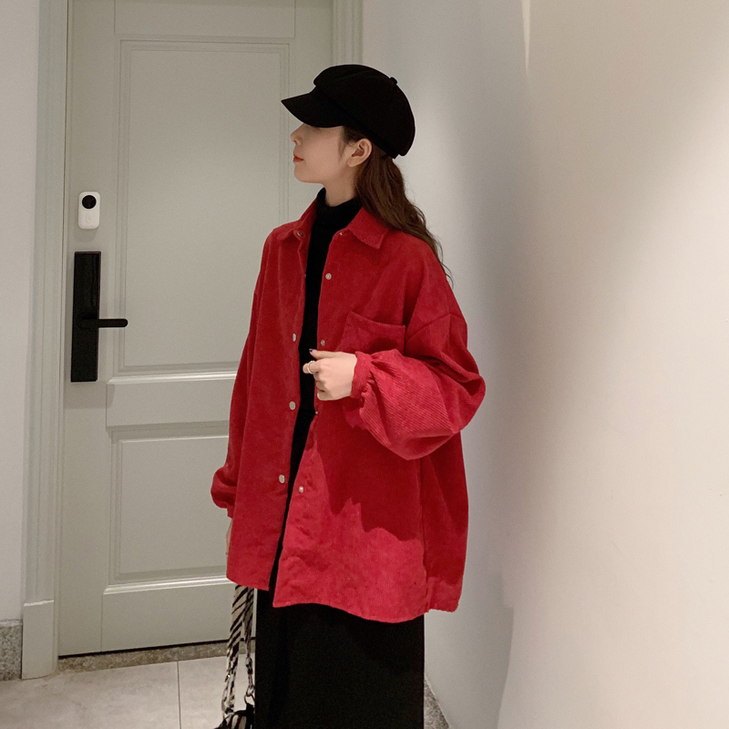 艳如飞长袖外穿衬衣女设计感小众秋冬季复古港风宽松百搭灯芯绒衬衫外套衬衫