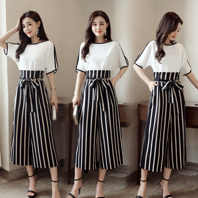 女士春夏装新品短袖条纹阔腿裤时尚韩版套装中长款简约裙装两件套