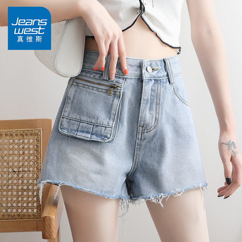 真维斯2022韩版牛仔裤女短裤宽松个性款立体拉链口袋小众设计款