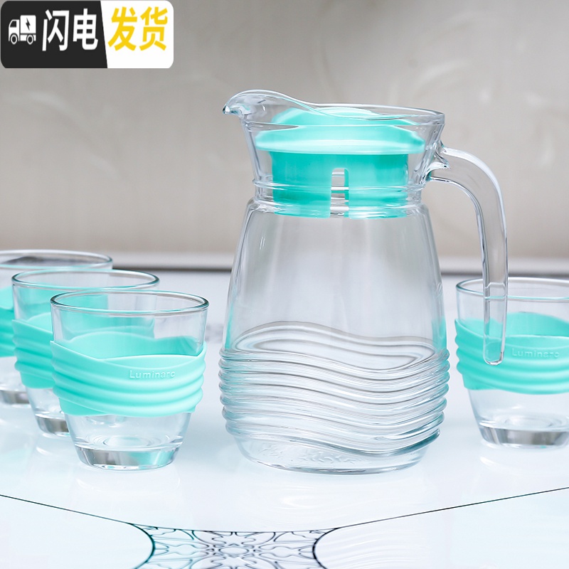三维工匠玻璃杯套装水具套装耐热玻璃杯茶具套装冷水壶套装家用 冰蓝八角水具5件套高清大图